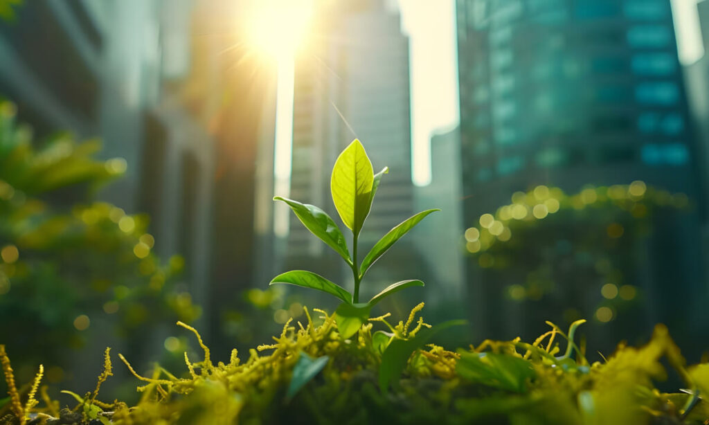 A plant thrives around buildings, symbolizing corporate social responsibility.