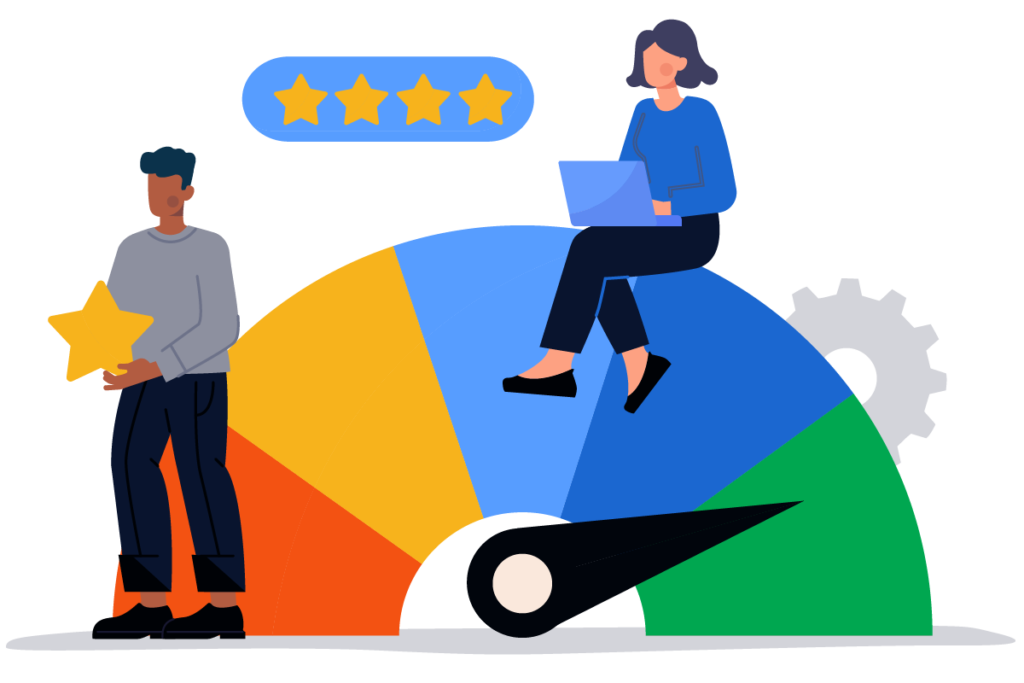 Illustration of users reviewing a product